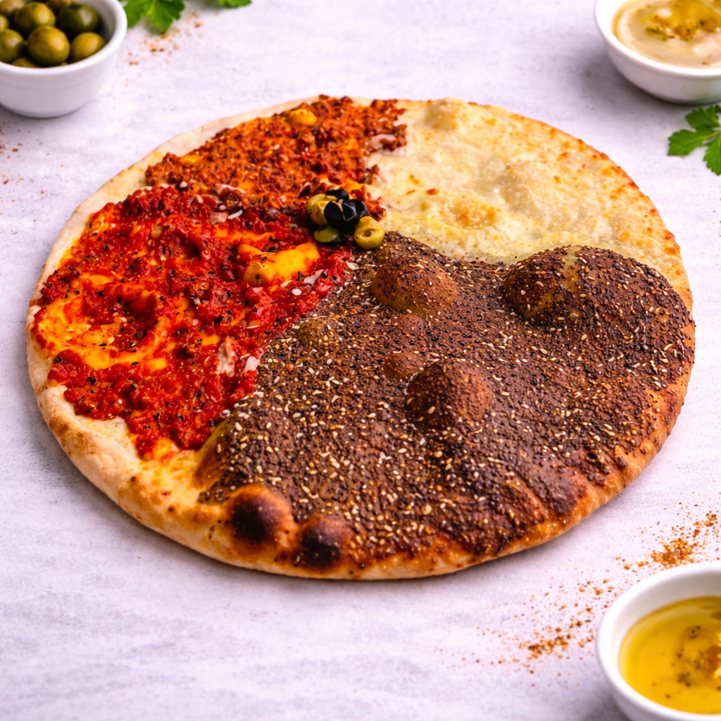 Fresh Four Seasons Manakish XL 16" (served with fresh vegetables and pickles)
