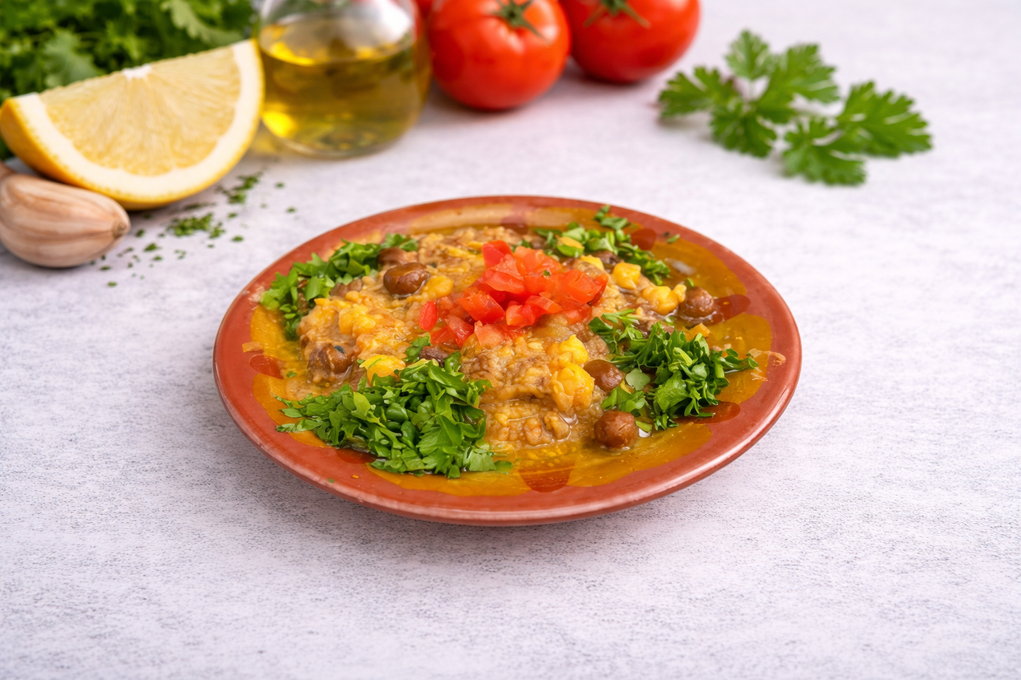 Foul(Fava Beans)Classique (served with fresh Pita, vegetables and pickles)